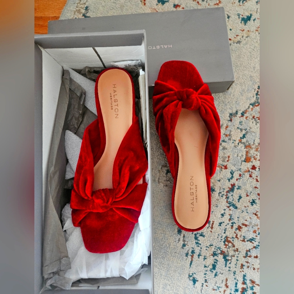 Halston Heritage Red Velvet Knot Slide Mules